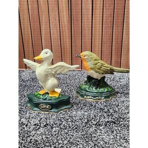 Vintage Cast Iron White Goose and Robin Bird Wedge Door Stopper